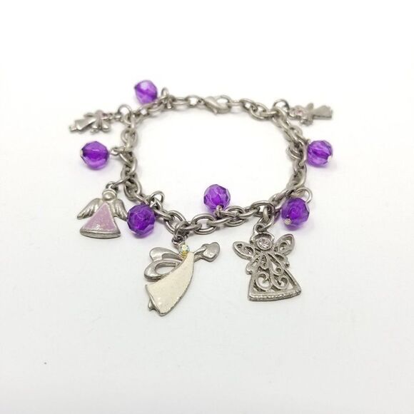 Vintage Angel Charm and Purple Beaded Silver Tone Charm Bracelet, Estate - Picture 1 of 4